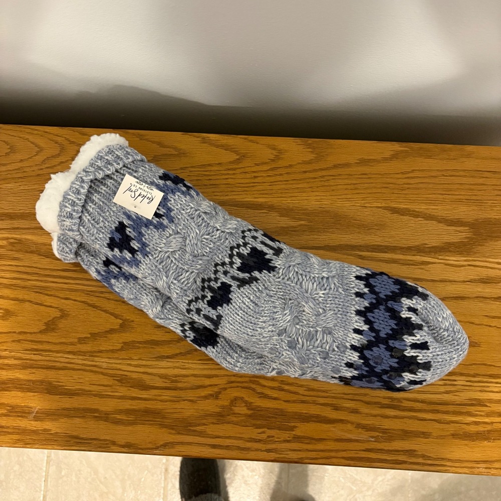 Rooted Soul Blue Cable Knit Faux Fur Lined Slipper Socks Non-Slip Grips NEW